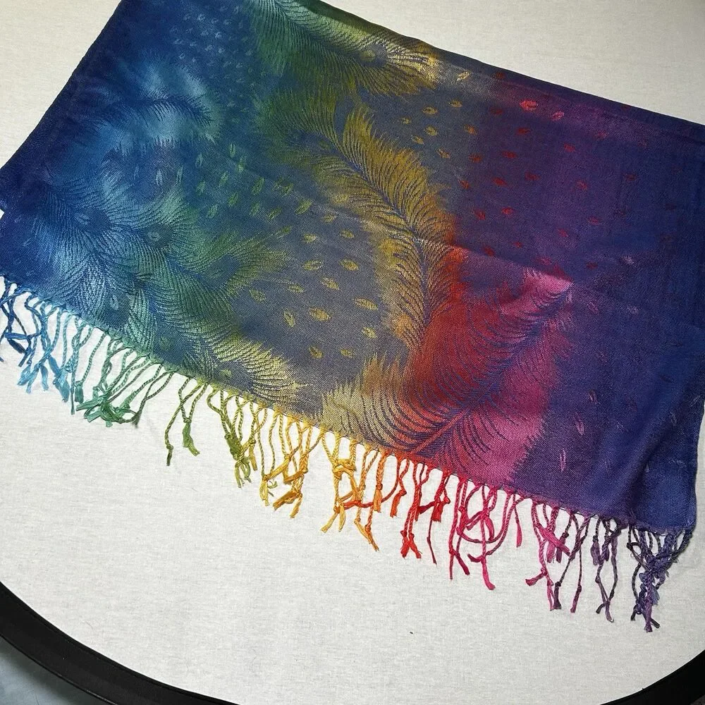 Pashmina Scarf Wrap Shawl Peacock Feather Rainbow Colorful Soft Elegant